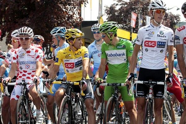 The four jersey wearers (l-r): Bernhard Kohl (Gerolsteiner), Carlos Sastre (CSC-Saxo Bank), Oscar Freire (Rabobank) and Andy Schleck (CSC-Saxo Bank).
