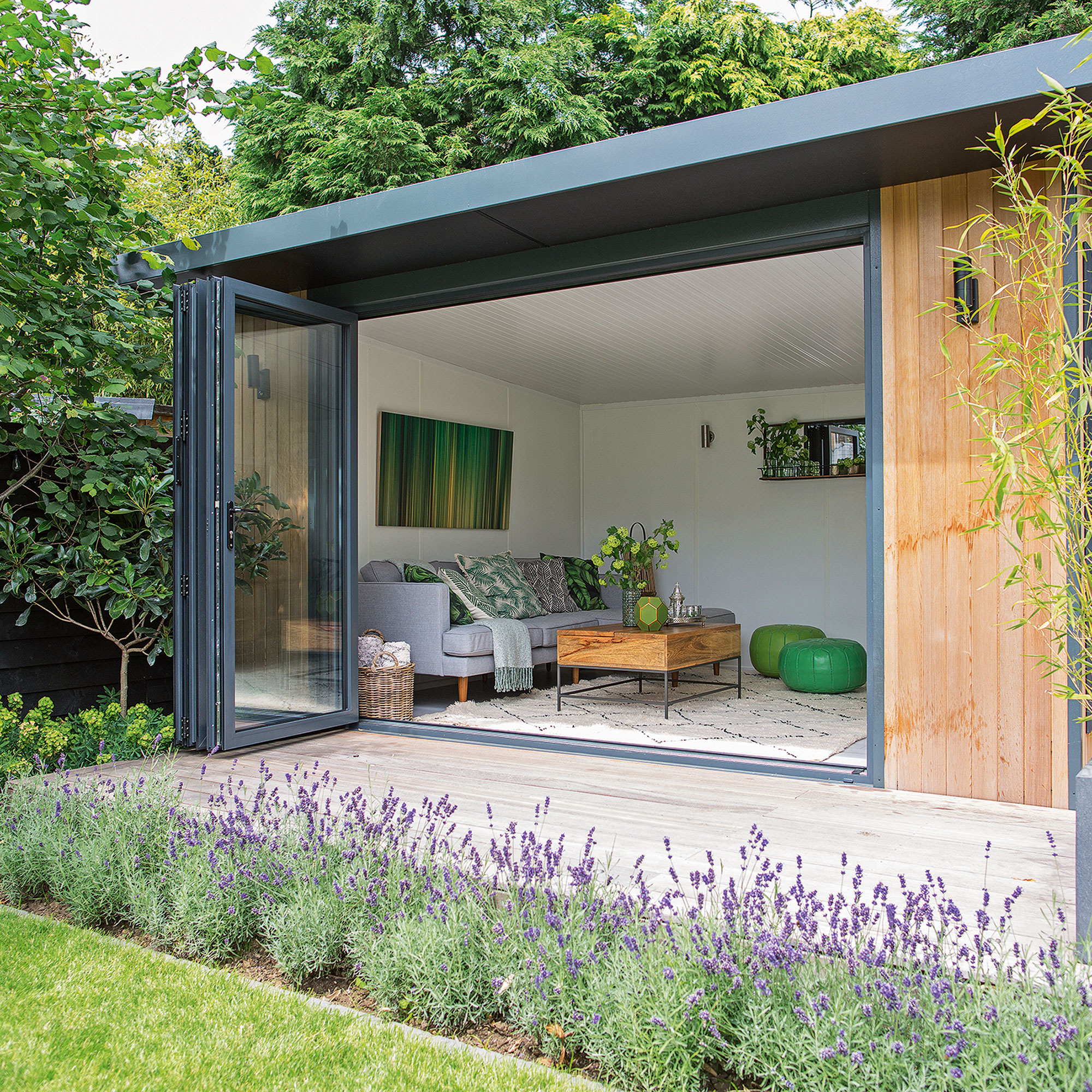 garden with room and blue sofa