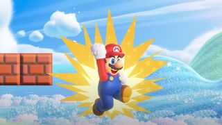 Mario, der sich in Super Mario Bros. Wonder mit einem Superpilz verwandelt.