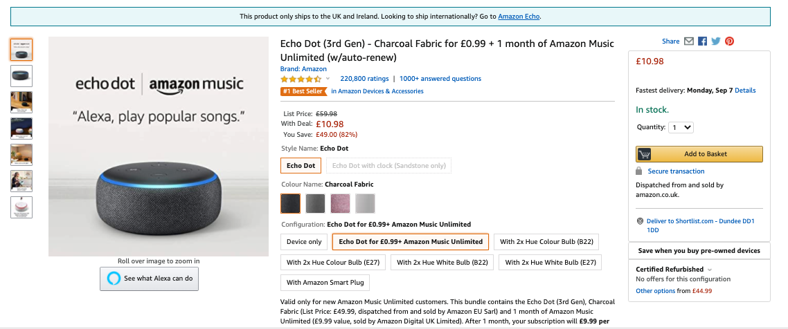 You can now pick up an Amazon Echo Dot for 99p
