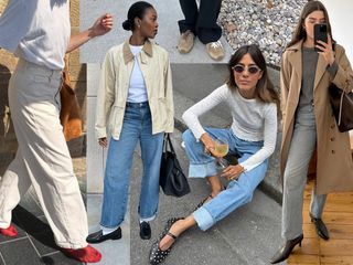 Fashion collage featuring influencers Lucy Alston, Marilyn Nwawulor-Kazemaks, Debora Rosa, Vicky Montanari, and Anna Newton wearing jeans and spring 2025 shoe trends.