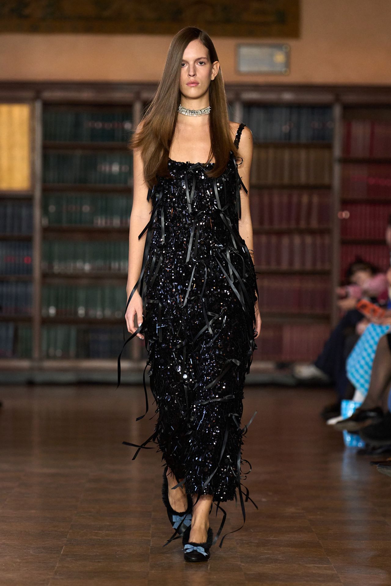 models walk the Sandy Liang Fall 2026 fashion show runway wearing slipper shoes