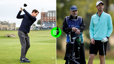 Andy Murray at the top of his backswing, with Murray chatting to his caddie