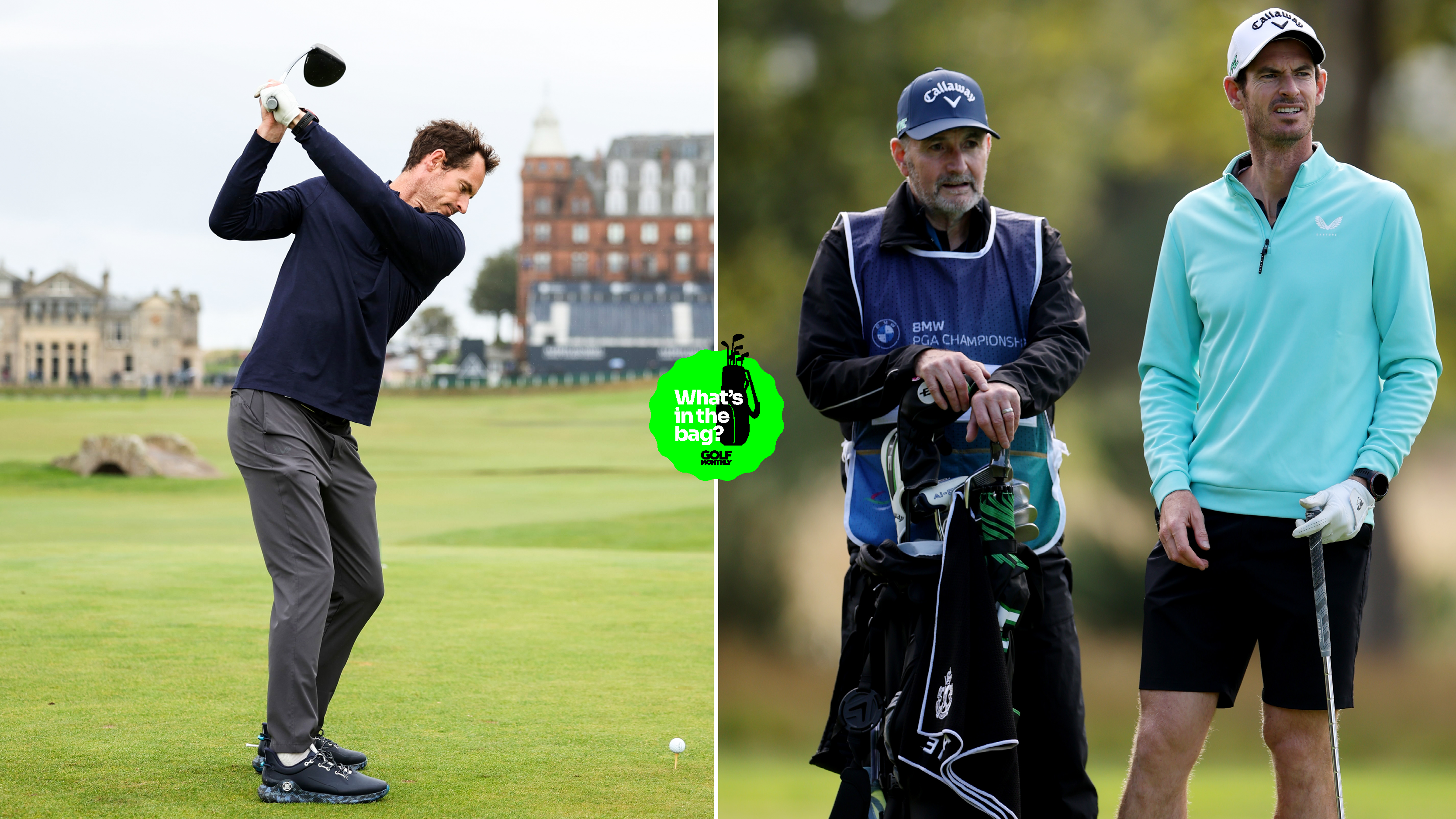 Andy Murray at the top of his backswing, with Murray chatting to his caddie