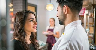 Zeedan accepts Rana's apology and offers her a job at the restaurant. The couple hug and Zeedan gives his wife a kiss – could the pair be heading for a reunion? Watch all the drama in Coronation Street from Monday 23 April!