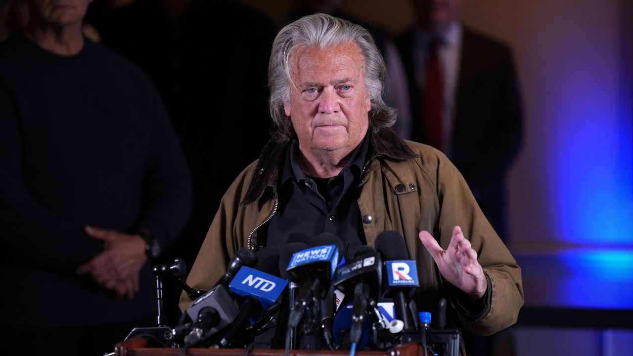 Steve Bannon holds press conference after prison release