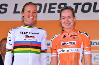 ROOSENDAAL, NETHERLANDS - SEPTEMBER 02: Podium / Chantal Blaak of Netherlands and Team Boels Dolmans Cycling Team / Anna Van Der Breggen of Netherlands and Team Boels Dolmans Cycling Team / Celebration / during the 21st Boels Rental Ladies Tour 2018, Stage 6 a 18,6km Individual Time Trial stage from Roosendaal to Roosendaal / BLR / on September 2, 2018 in Roosendaal, Netherlands. (Photo by Luc Claessen/Getty Images)
