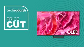 Samsung OLED TV S90C on blue green background with price cut sign