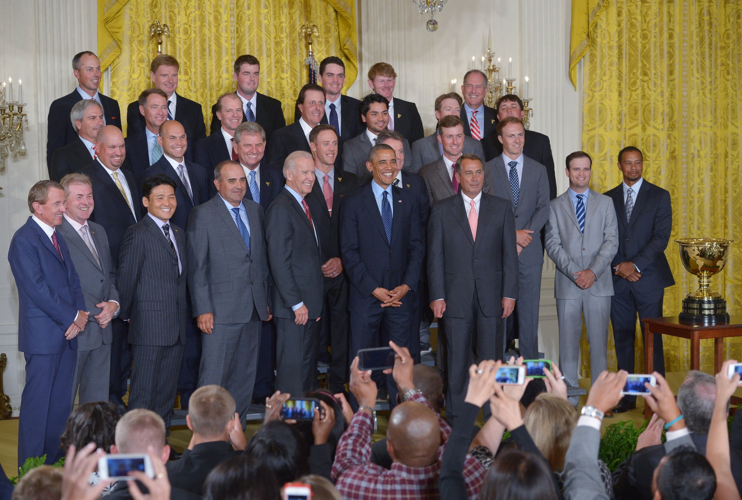 The US Team poses with President Barack Obama at the White House after winning the Presidents Cup in 2013