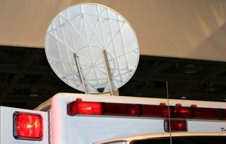 Satellite dish on top of the ambulance transfers data from the hospital.