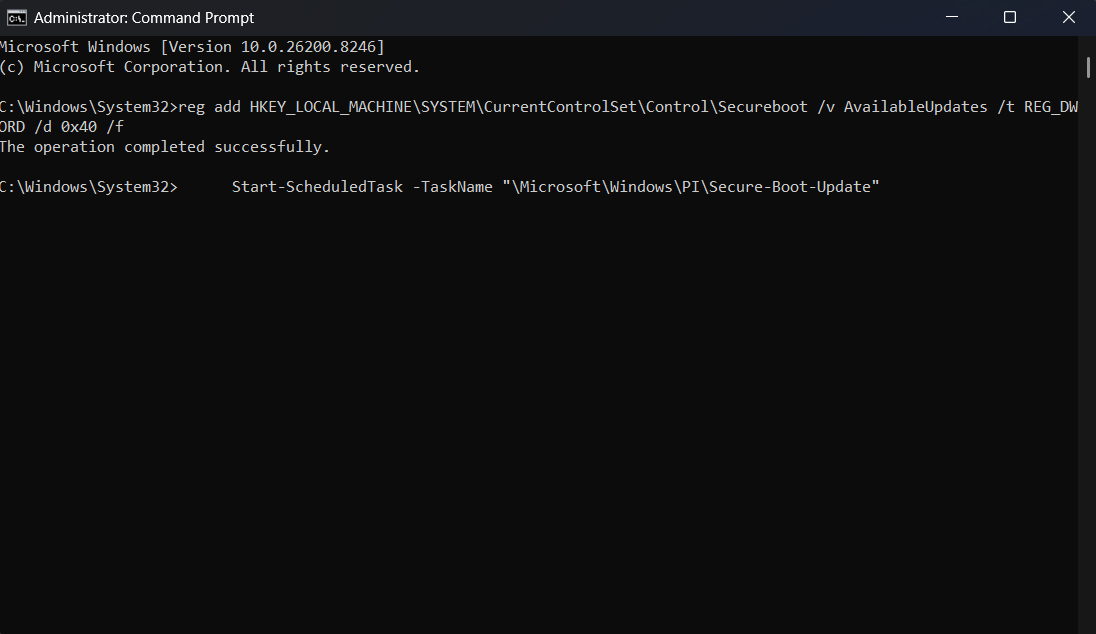 Administrator Command Prompt window showing Windows version and command input for registry editing and task scheduling. Text indicates successful completion.