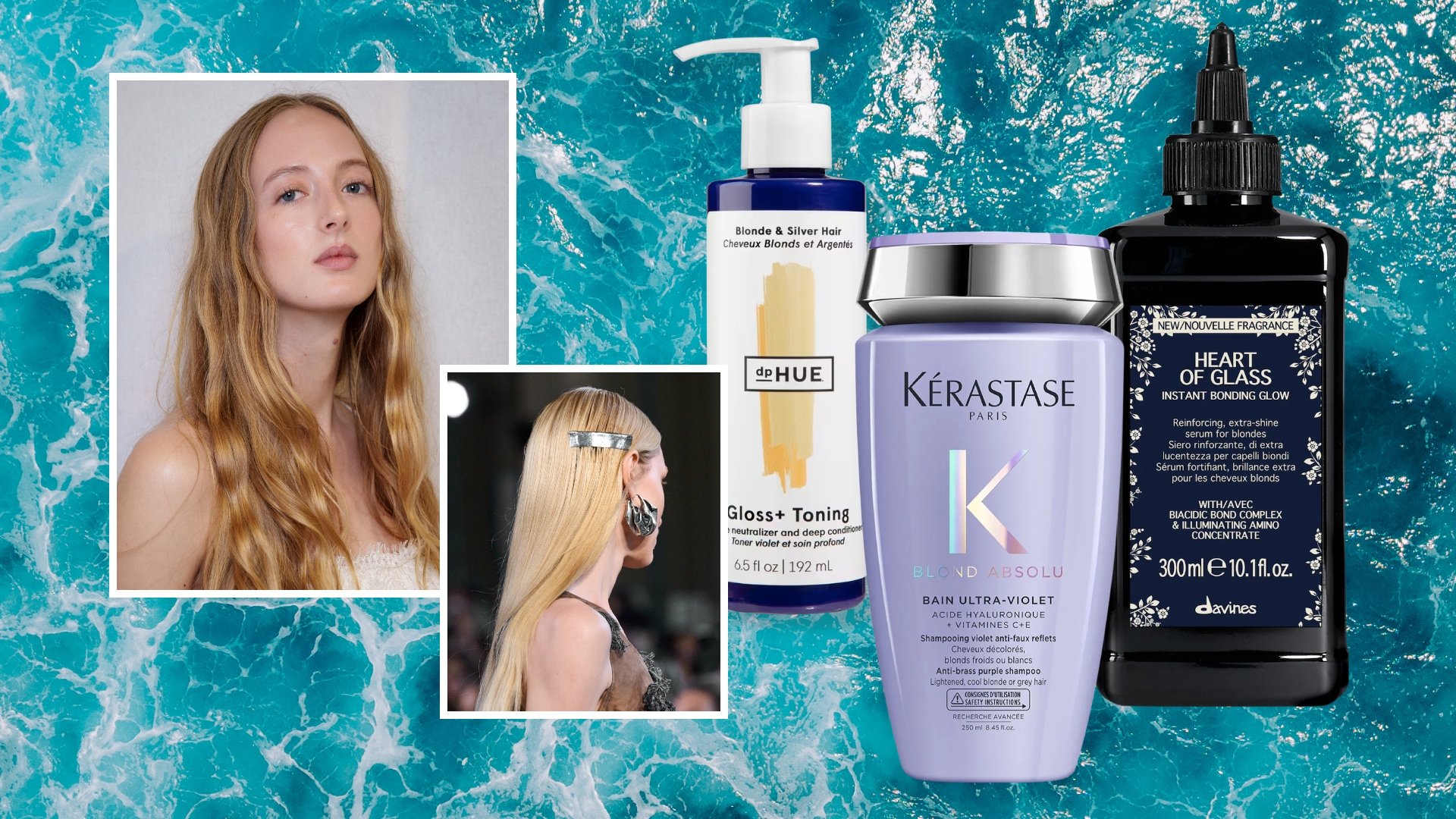 woman with blonde hair on a pool background next to purple hair products