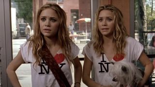 Mary-Kate and Ashley Olsen wearing "I Love New York" T-shirts in New York Minute