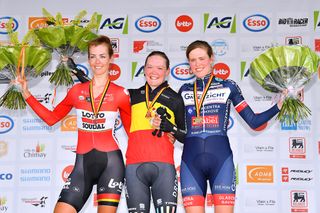 Beckers, Duyck and Van de Velde on the Belgian time trial podium