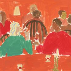 an illustration in red orange and green of a woman with silver streaks in her hair on a date with a man in a red sweater