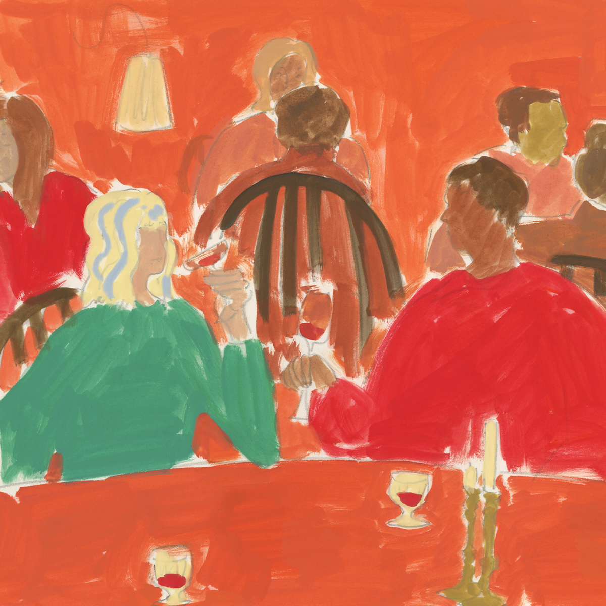 an illustration in red orange and green of a woman with silver streaks in her hair on a date with a man in a red sweater