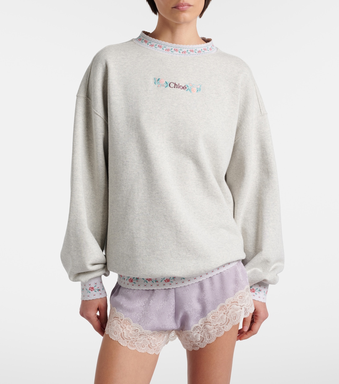 Embroidered Cotton Jersey Sweatshirt in Grey - Chloe
