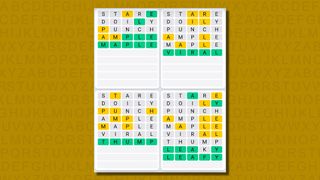 Quordle daily sequence answers for game 615 on a yellow background