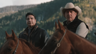 Gil Birmingham and Kevin Costner on horses in Yellowstone