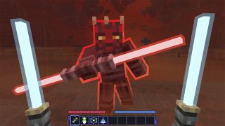 still from a video game showing a blocky red character holding a glowing red weapon.