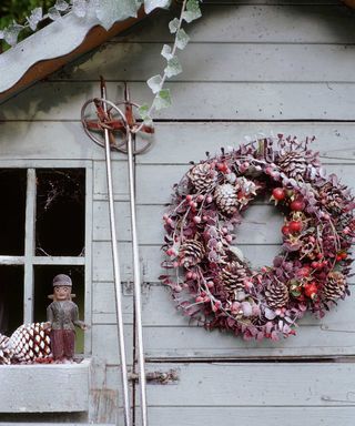 christmas wreath on shed door