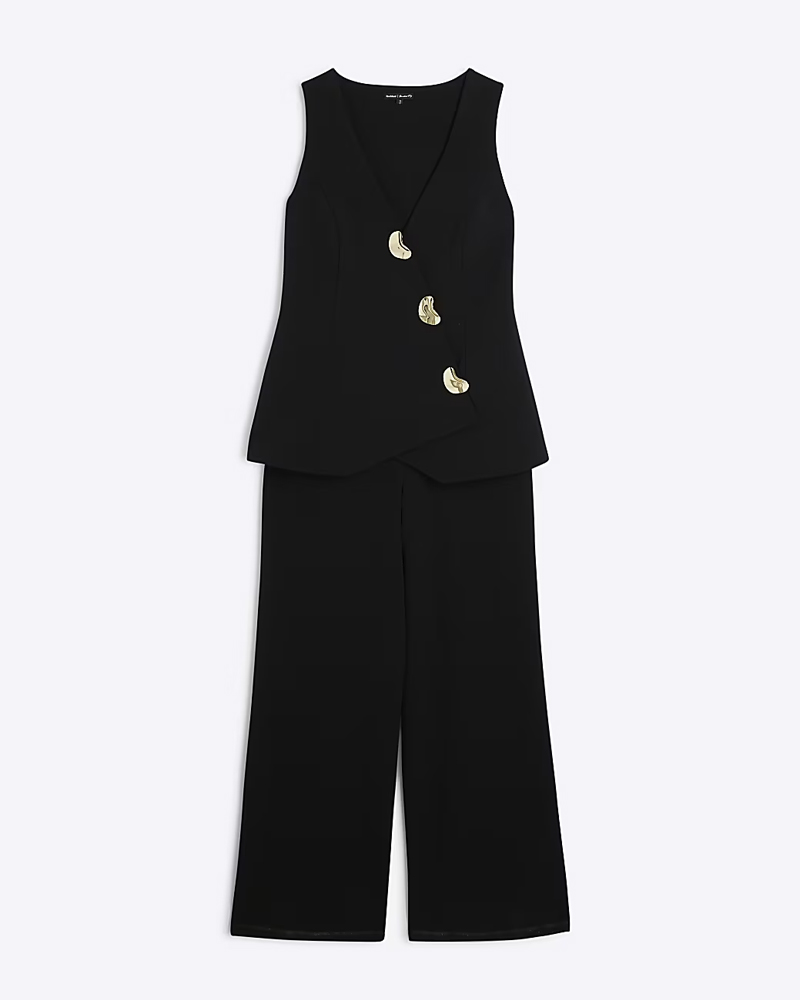 black hybrid waistcoat jumpsuit with gold buttons river island