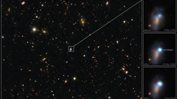 A deep space image with three vertical boxouts on the right side showing smudges of color for a supernova