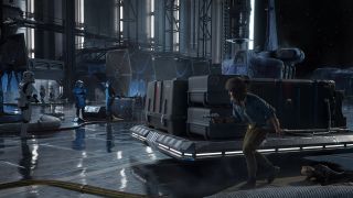Still from the video game Star Wars Outlaws. Here we see the main character Kay Ves, pistol drawn, and her little creature companion Nix hiding behind a big pile of cargo boxes in a ship hanger. They are trying to avoid the two people in black uniform in front of them. Kay has shoulder length, shaggy brown hair, she is wearing a blue cropped jacket, white shirt, brown trousers and brown belt. Nix is a small creature the size of a cat, with 2 eyes, 4 head tails, one medium-sized tail and sleek fur.