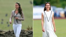 Composite of Kate Middleton wearing white jeans in 2006 and her at the Out-Sourcing Inc. Royal Charity Polo Cup in 2022