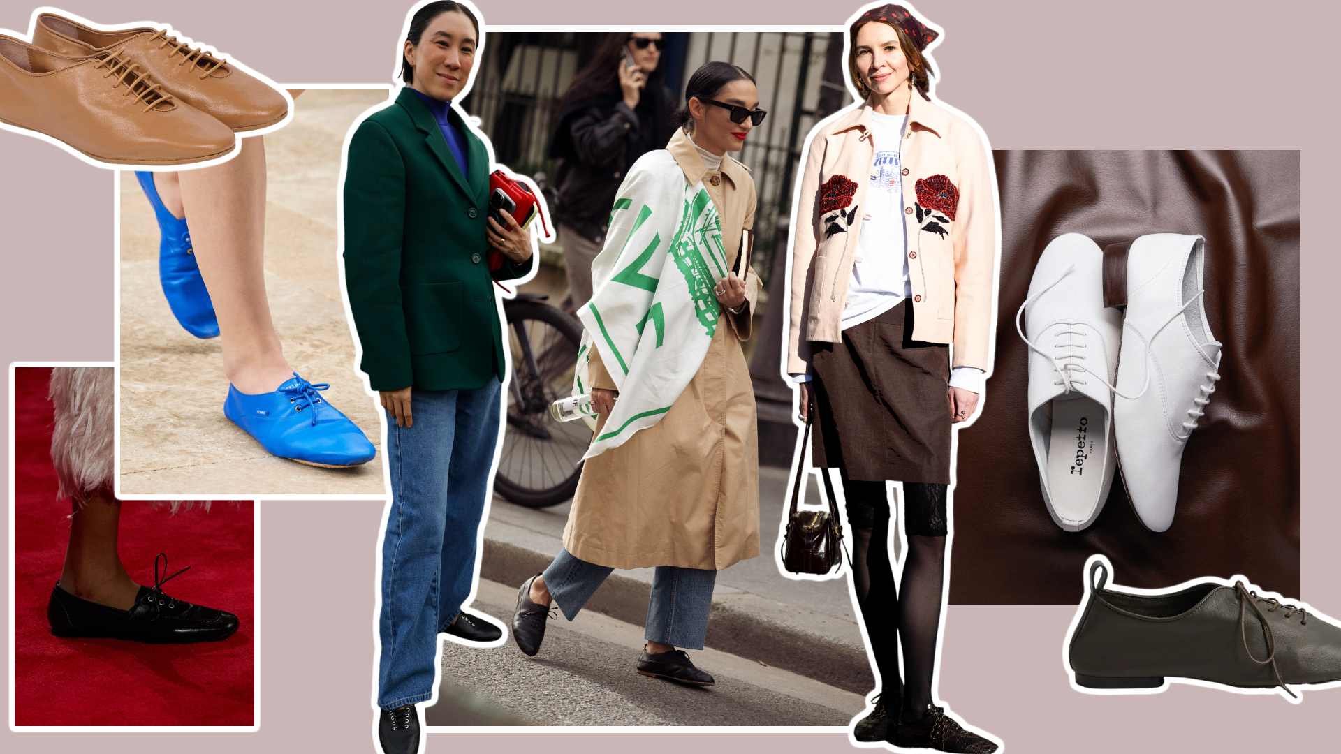 a collage of woman wearing lace-up derby shoes