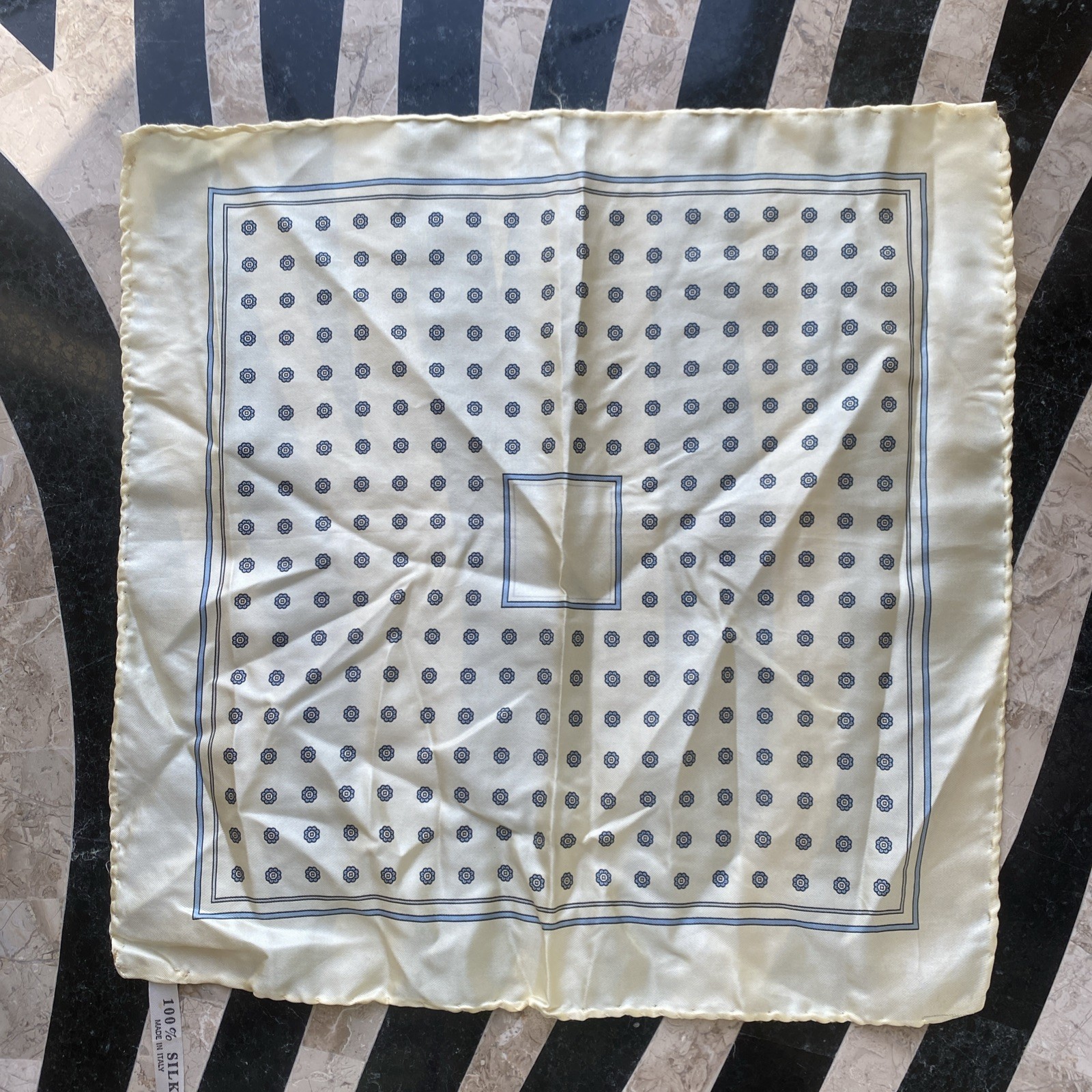 Vintage Silk Pocket Square Italy Hand-Rolled Printed 12" Square Old Money