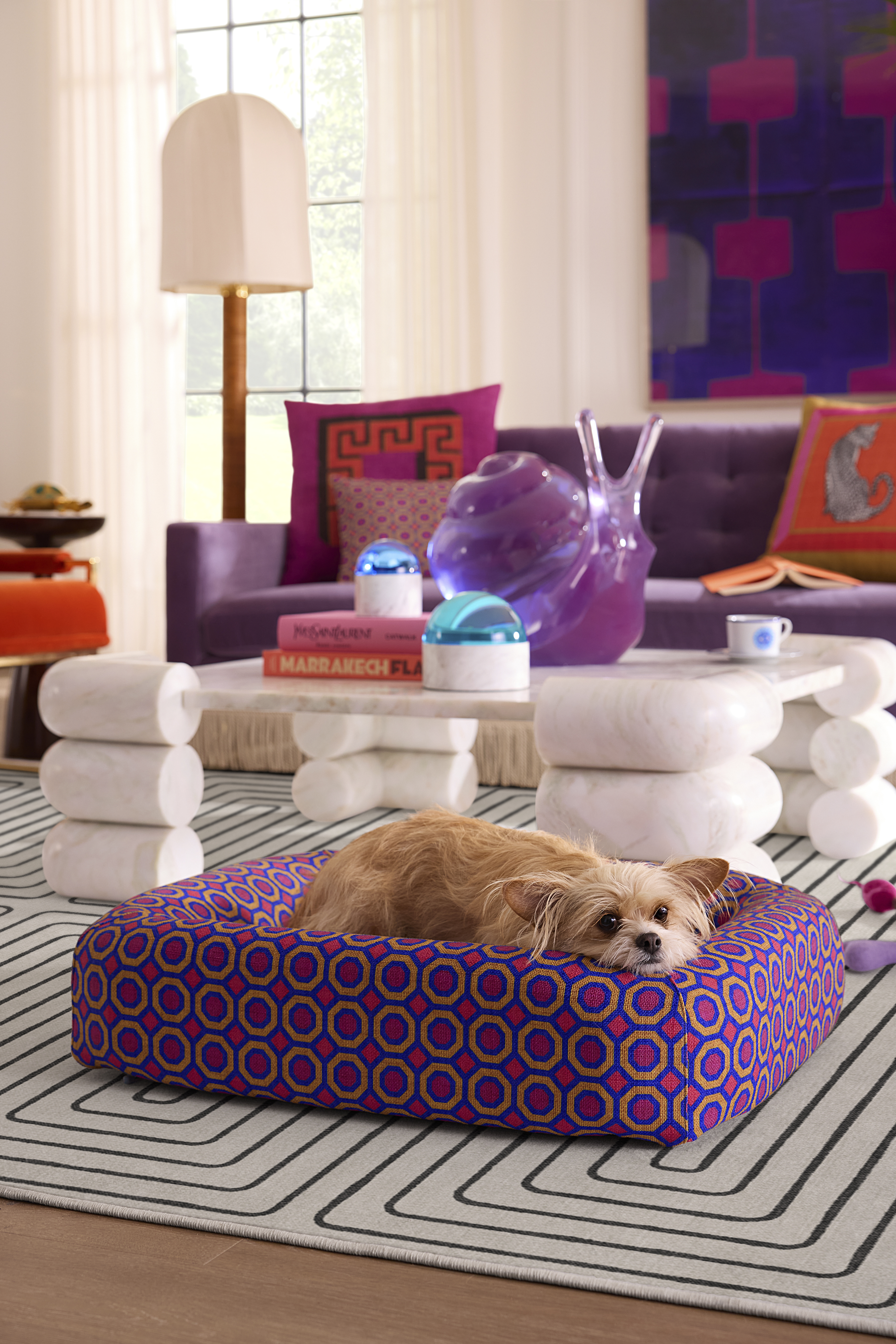Jonathan Adler x Ruggable deco pattern pet bed in fuschia pictured against a similarly hued sofa in a sunlit living room