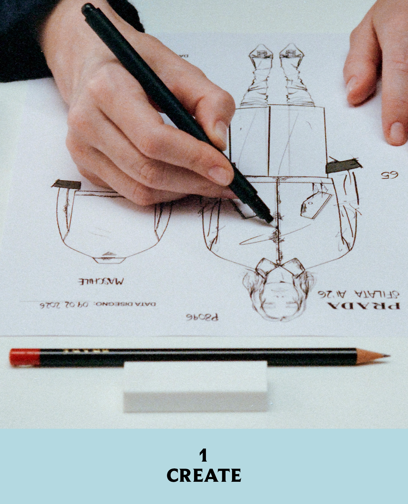 Prada artist sketching the jacket from Look 10 in its fall/winter 2026 collection.