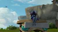 A character sits on a table in World of Warcraft.