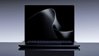 Surface Laptop Ultra with a dark, elegant design sits against a light background, creating a futuristic and stylish atmosphere.