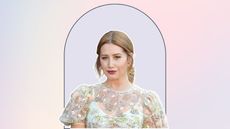 ashley tisdale in a floral outfit on a pastel pink and purple background