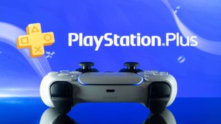 PS5 DualSense in front of PlayStation Plus logo