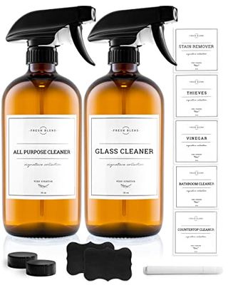 Two Amber Glass Spray Bottles, with white Waterproof Labels that have been pre-printed with all purpose cleaner, glass cleaner, vinegar, stain remover, bathroom cleaner and countertop cleaner