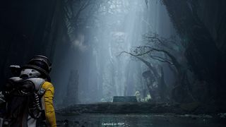 Best horror games - Returnal screenshot of the player character apporaching a ste of stone steps leading up to a glowing pedestal in a dark wood