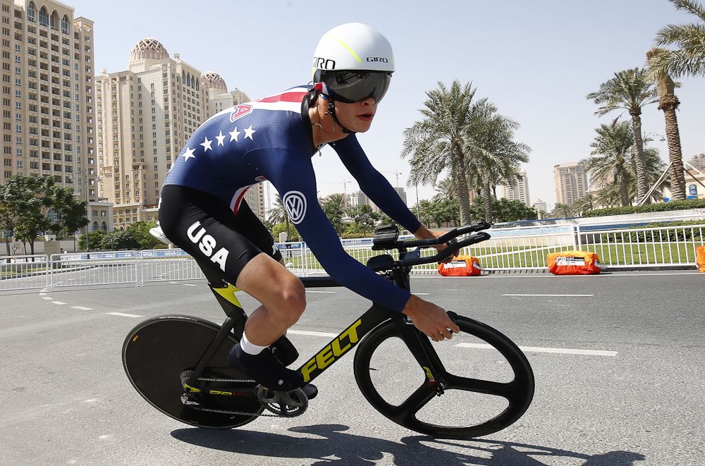 Brandon McNulty en route to winning the time trial world championships in Qatar