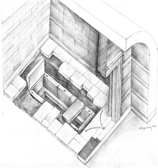 The burial vault was buried under the floor of the third chamber in the tomb.