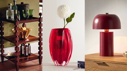 A three panel image of unexpected red decor items, picked by our interiors team