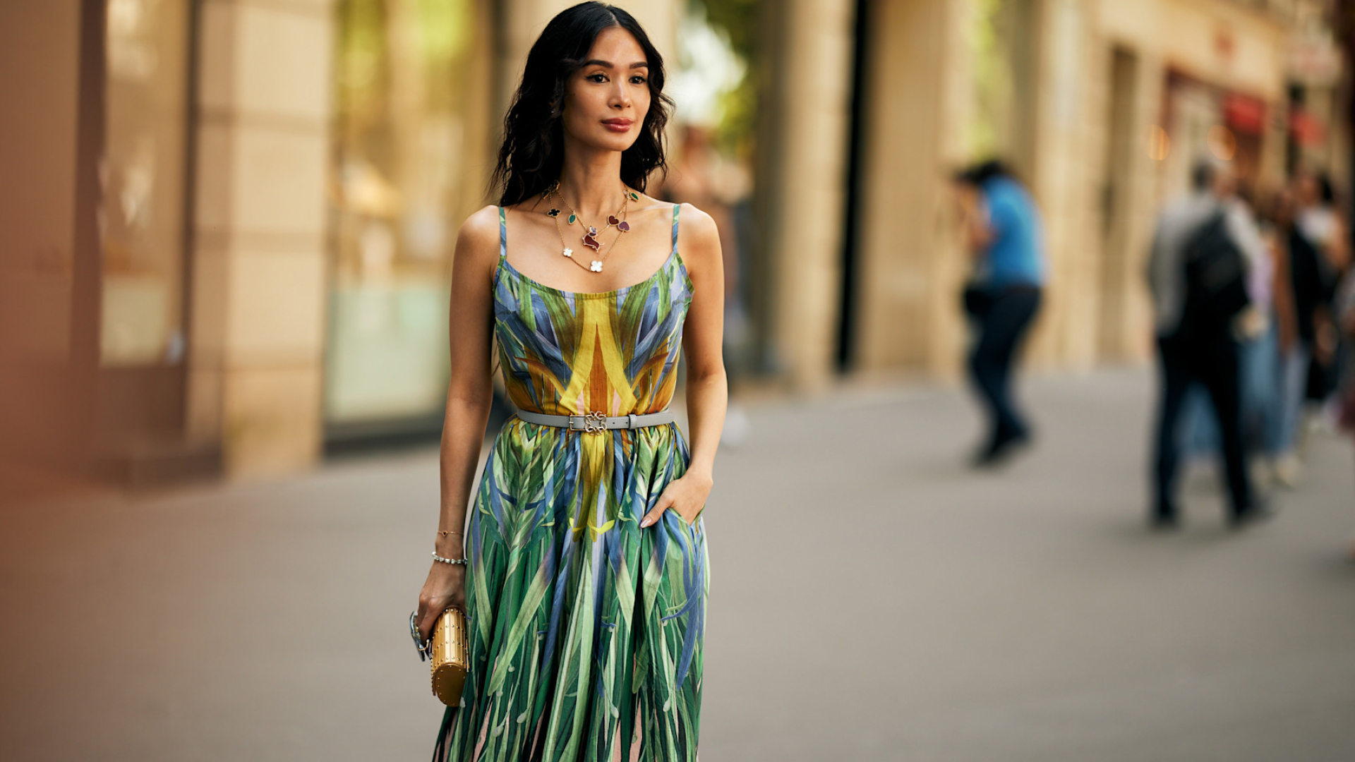 fashion week attendee wearing tropical printed dress