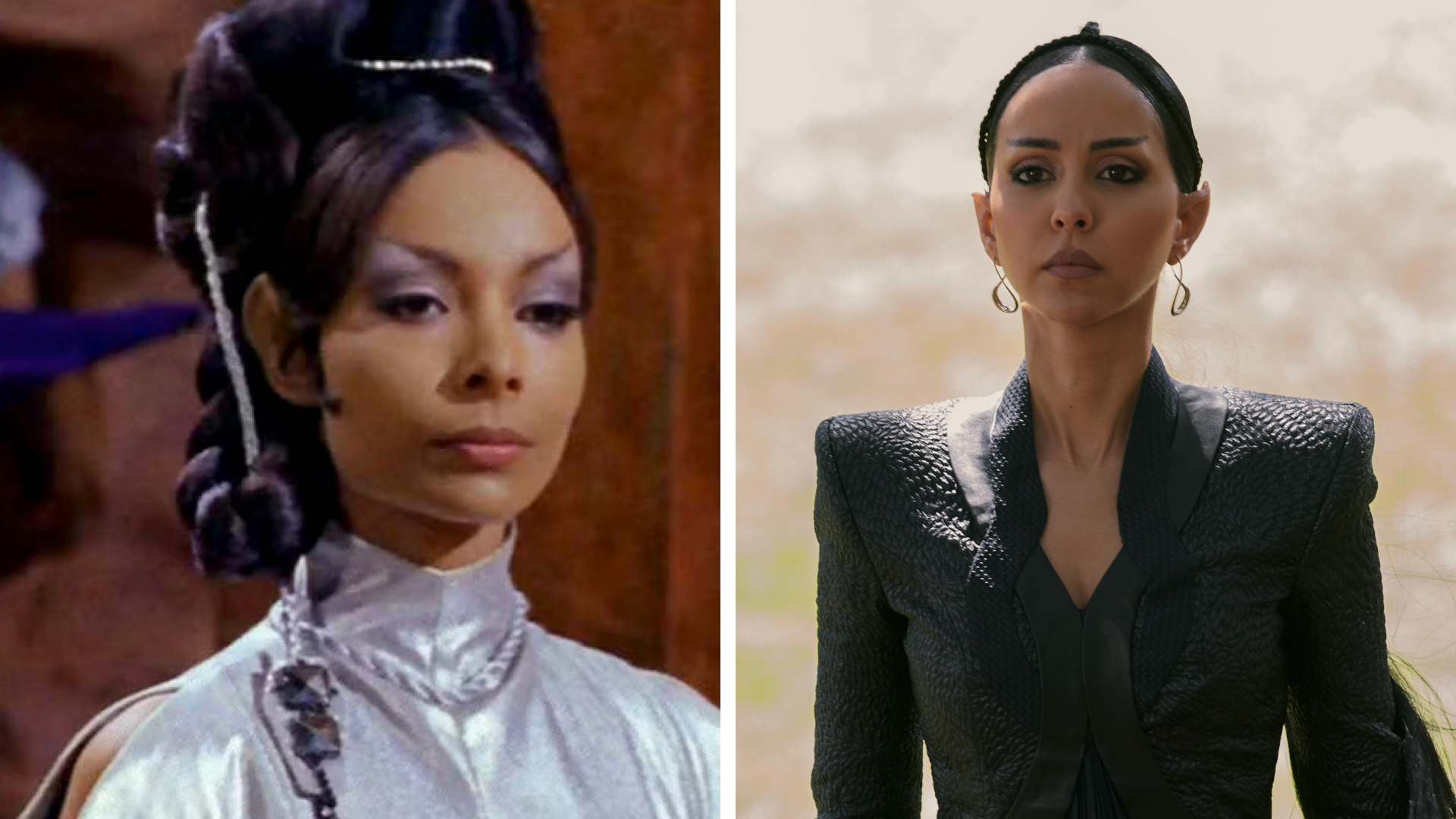 Split image showing Arlene Martel (Left) and Gia Sandhu (Right), who played T'Pring in Star Trek: The Original Series and Star Trek: Strange New Worlds, respectively.