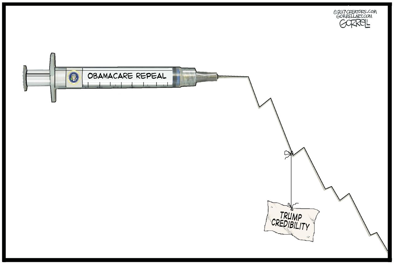 Political Cartoon U.S. Obamacare health care repeal replace failure Trump credibility falls