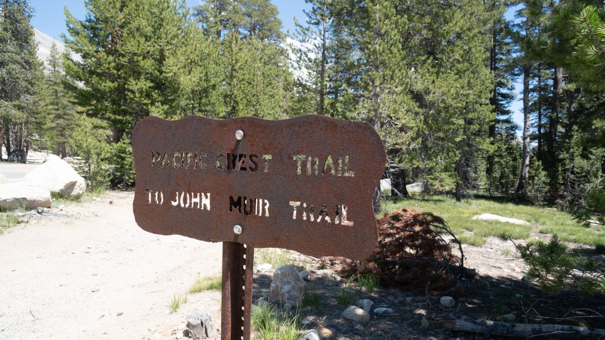 Sign along Yosemite National Park Tioga Pass for the Pacific Crest Trail and John Muir trail