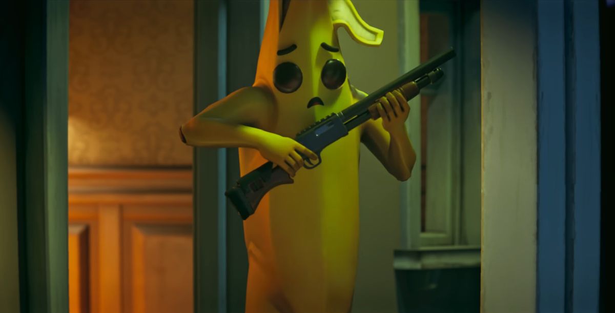 Peely holding a shotgun in Fortnite Yuki's Revenge teaser