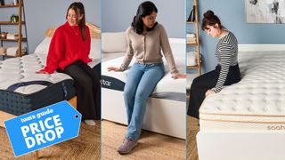 Three Tom's Guide mattress testers sitting on the best mattresses available online