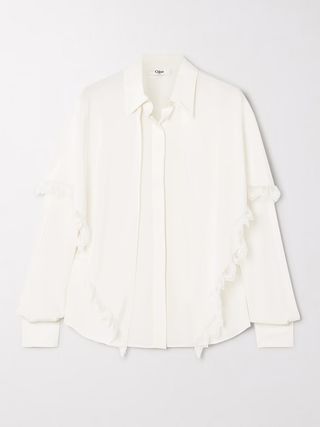 CHLOÉ, Lace-Trimmed Draped Layered Silk-Crepe De Chine Shirt