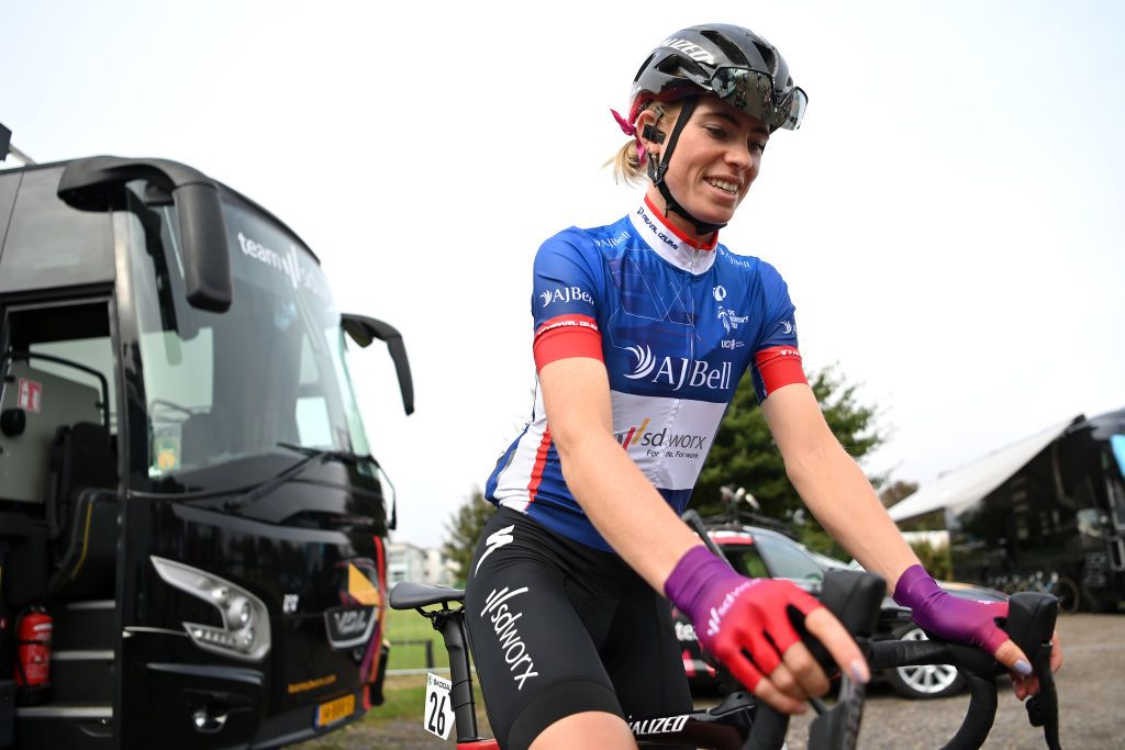 SOUTHEND ENGLAND OCTOBER 07 Demi Vollering of Netherlands and Team SD Worx Blue leaders jersey prior to the 7th The Womens Tour 2021 Stage 4 a 1178km stage from Shoeburyness to SouthendonSea thewomenstour UCIWWT on October 07 2021 in Southend England Photo by Justin SetterfieldGetty Images